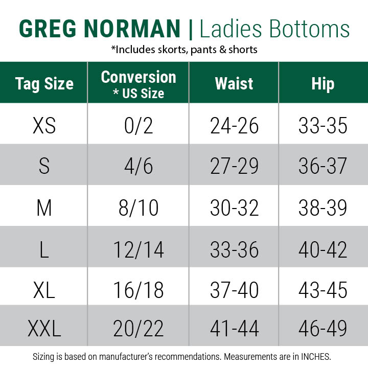 greg norman-skorts-womens size chart